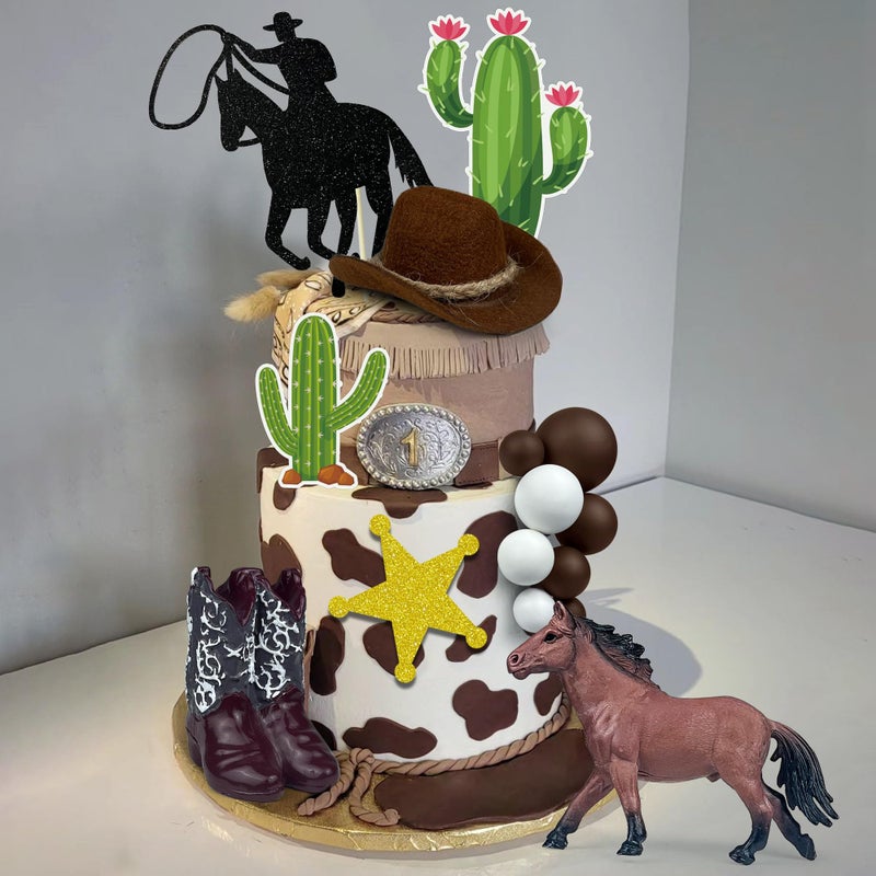KEEPARTY 34 PCS Cowboy Cake Toppers Cowboy Hat and Boot Horse Cake decorations Western Cowboy Cowgirl Birthday Baby Shower for Western Theme Party Favors Supplies - Image 4